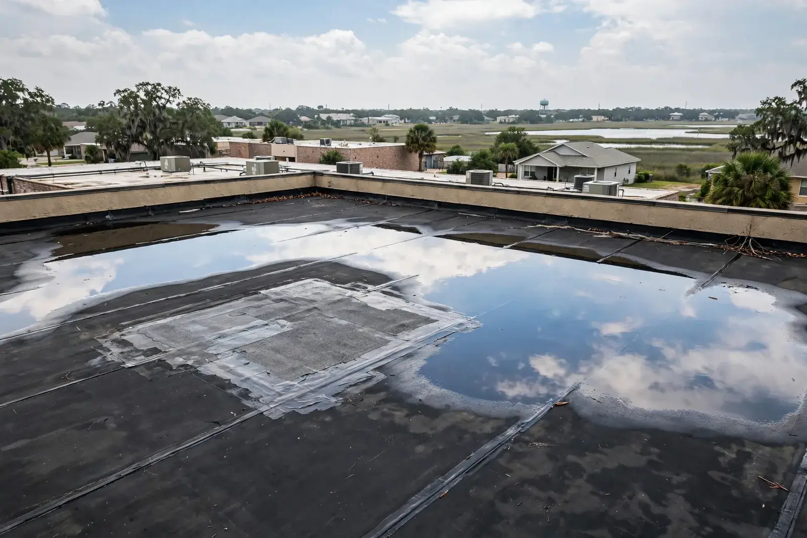 Flat roof surface with patched seams on a Beaumont building