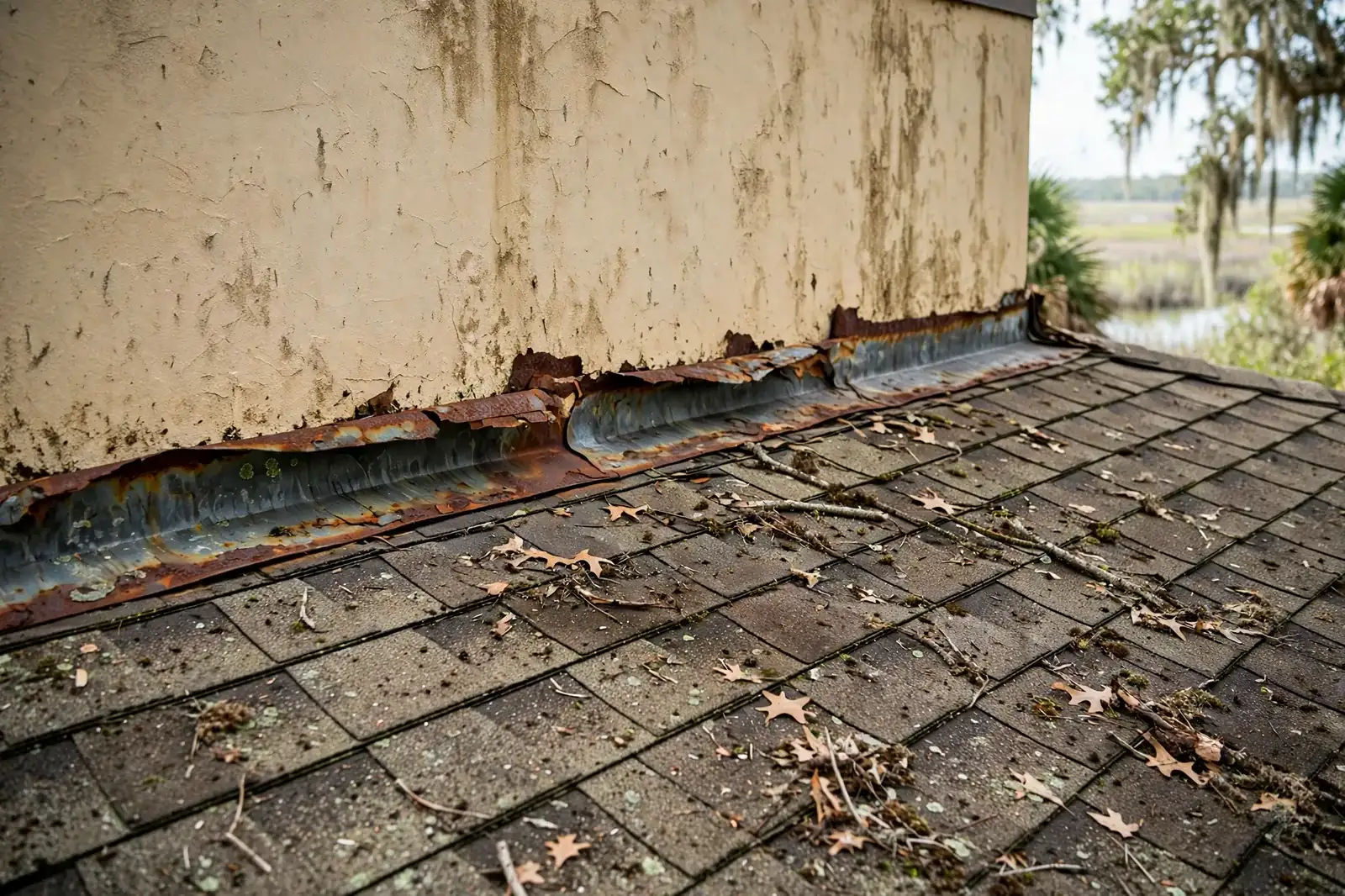 Roofing work related to roof flashing repair on a home in Beaumont, Texas