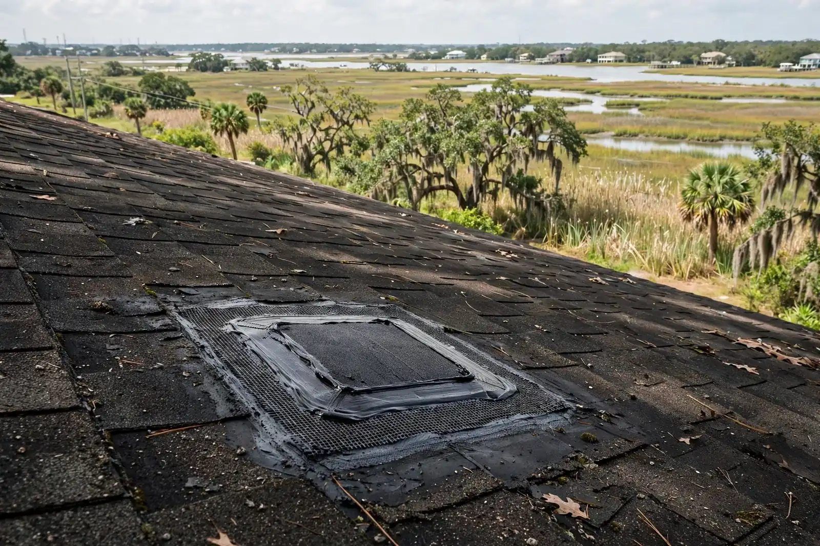 Roofing work related to roof patch repair on a home in Beaumont, Texas