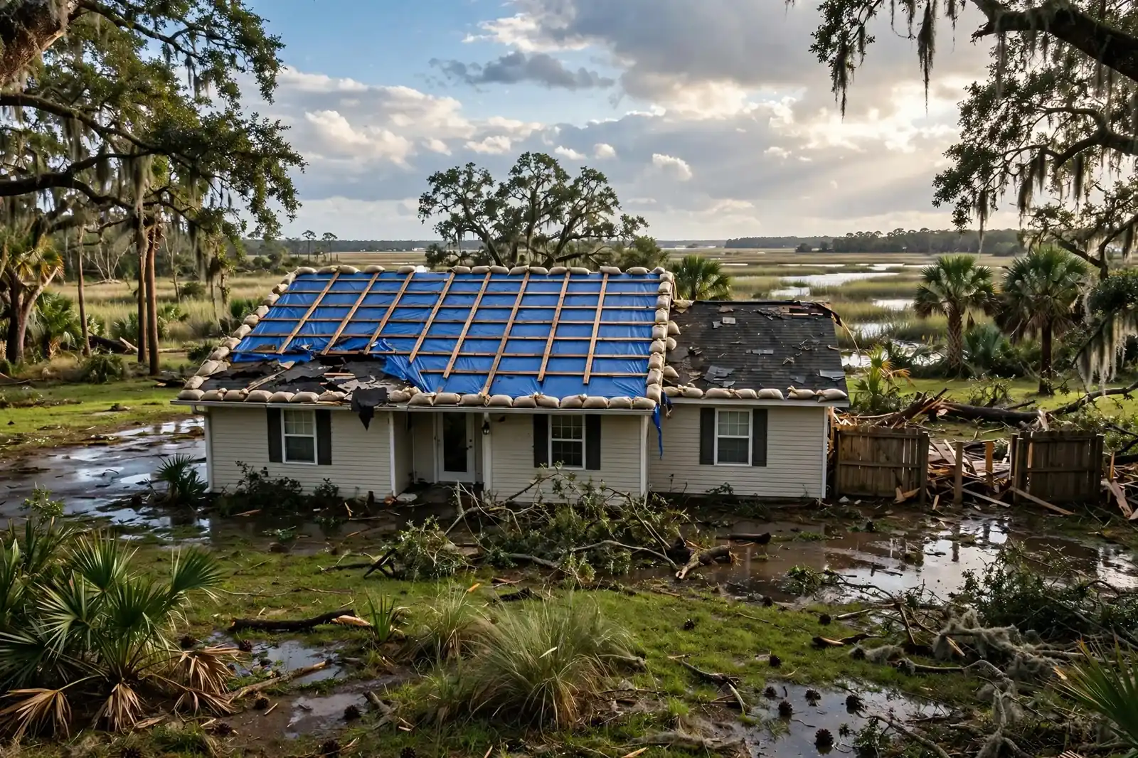 Roofing work related to roof tarping on a home in Beaumont, Texas
