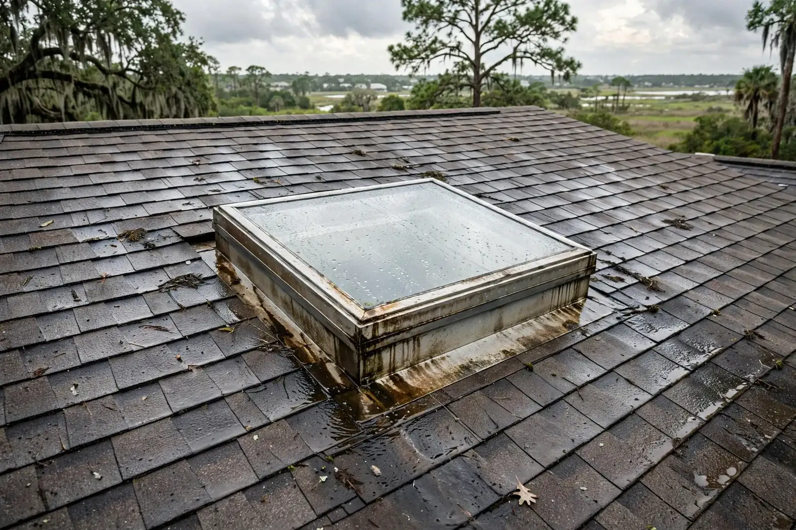 Roofing work related to skylight leak repair on a home in Beaumont, Texas