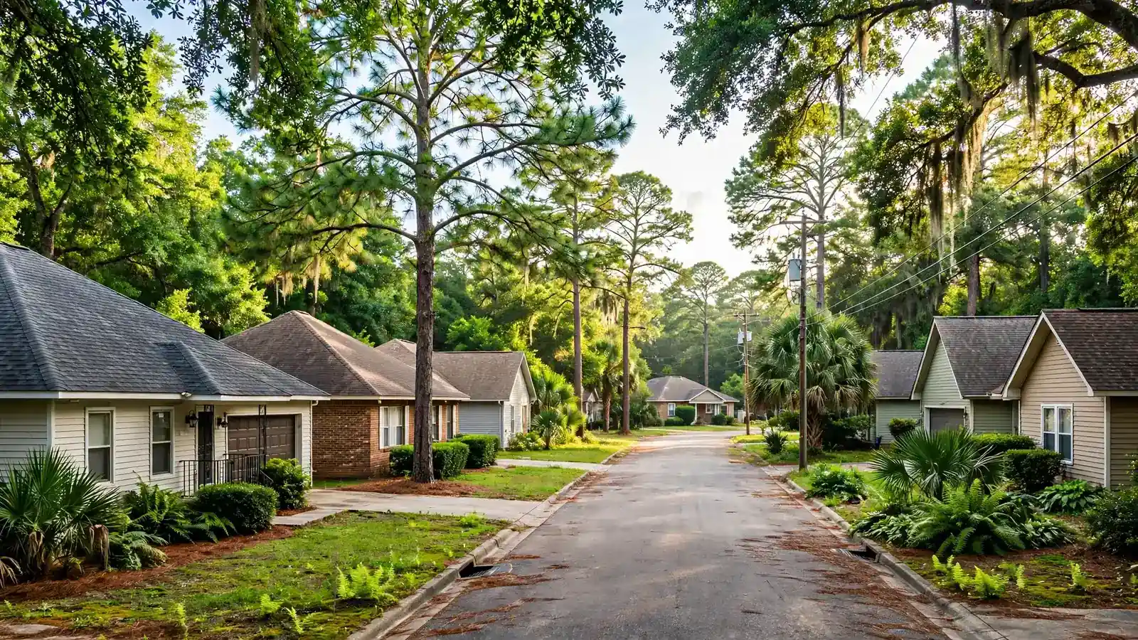 Residential street with homes and roofs in Amelia, Beaumont, Texas