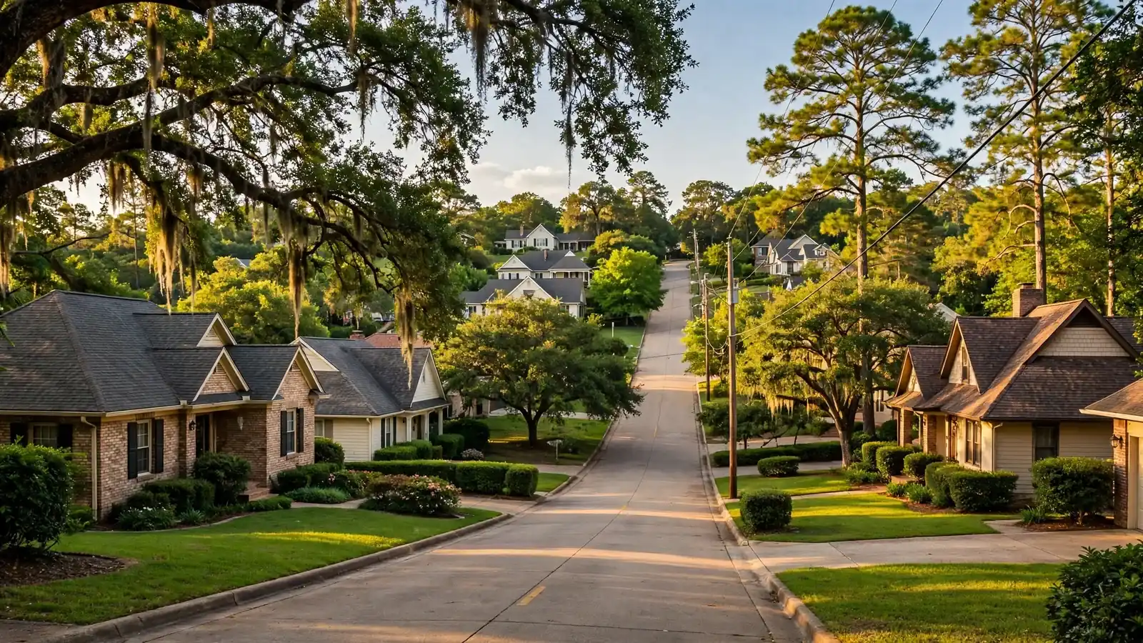 Residential street with homes and roofs in Calder Highlands, Beaumont, Texas