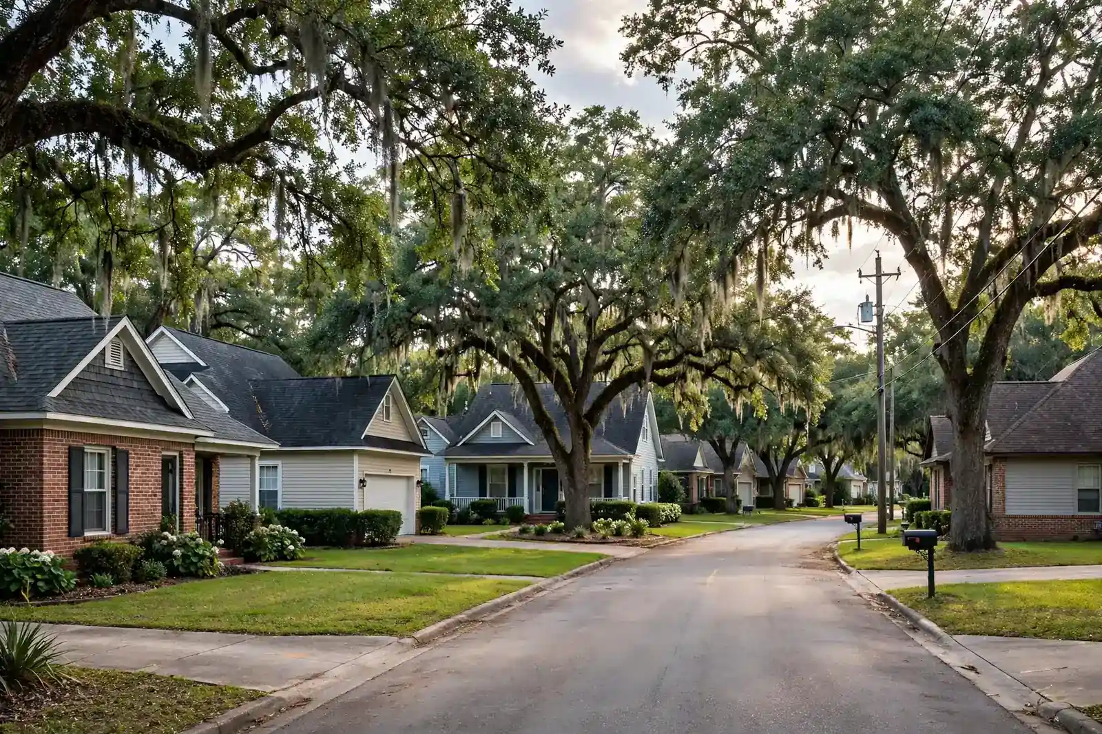 Residential street with homes and roofs in Calder Place, Beaumont, Texas