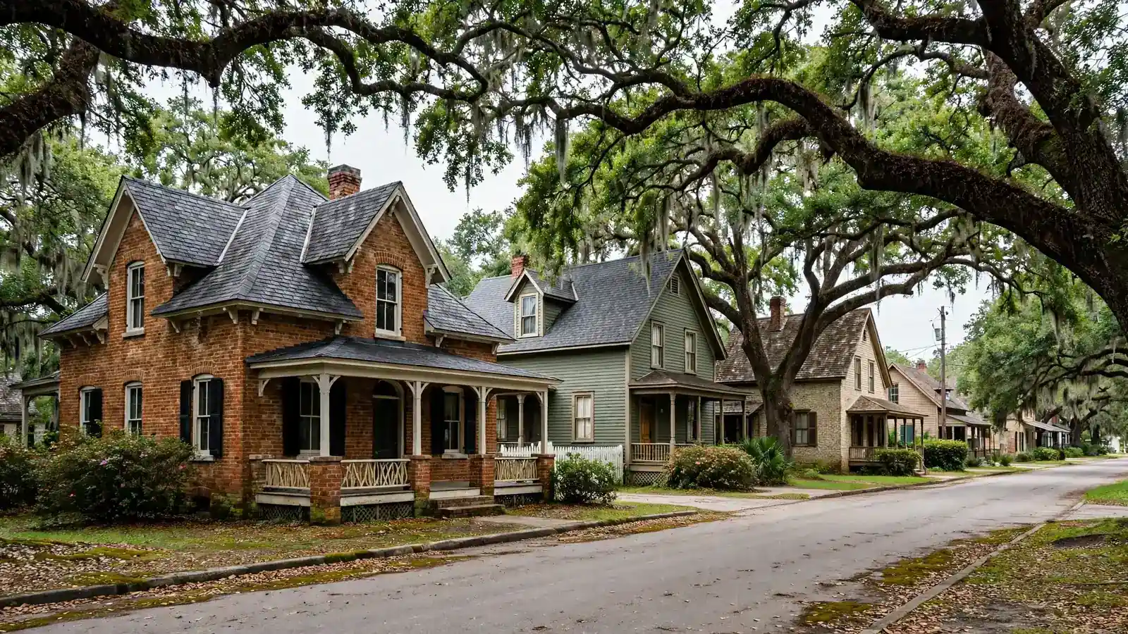 Older brick homes with mature trees in Old Town, Beaumont, Texas