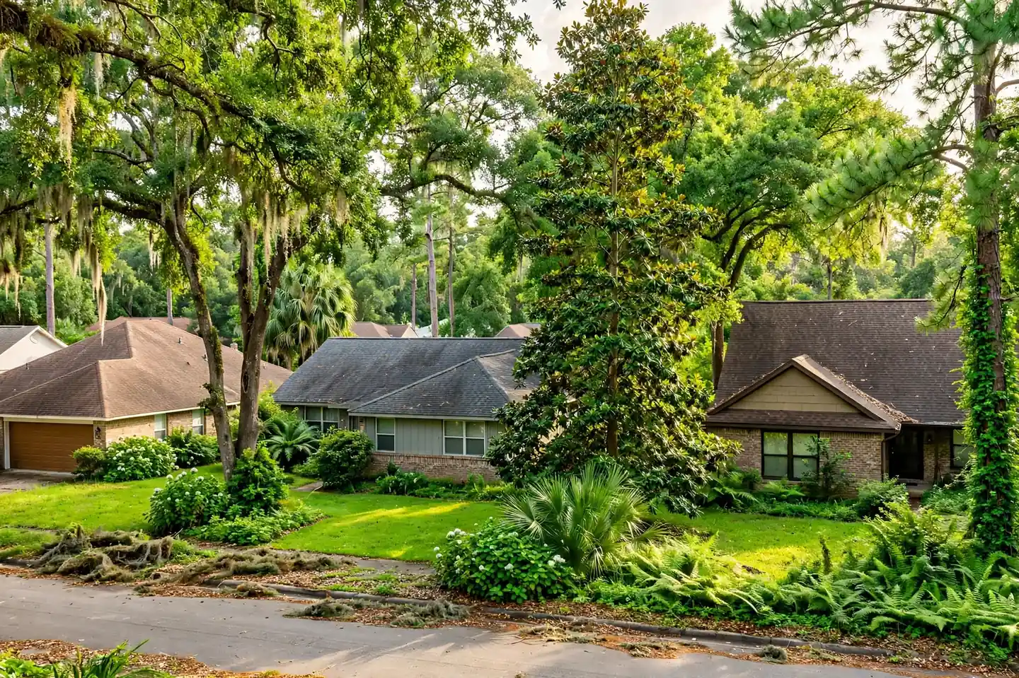 Residential street with homes and roofs in Pear Orchard, Beaumont, Texas