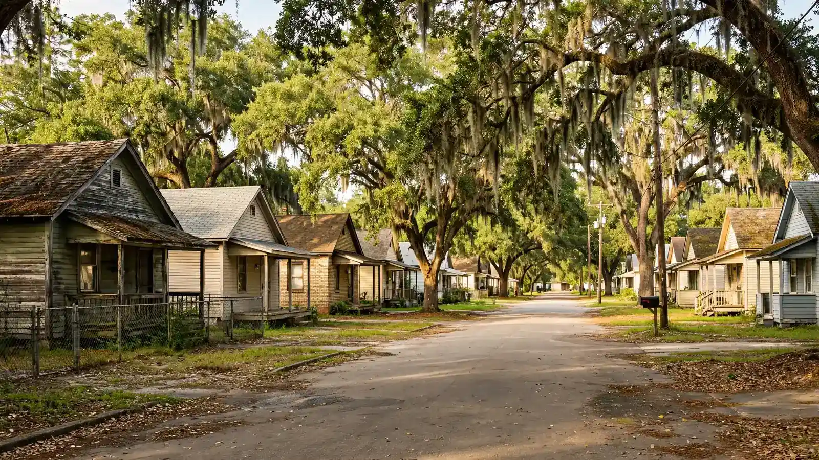 Residential street with homes and roofs in South Park, Beaumont, Texas