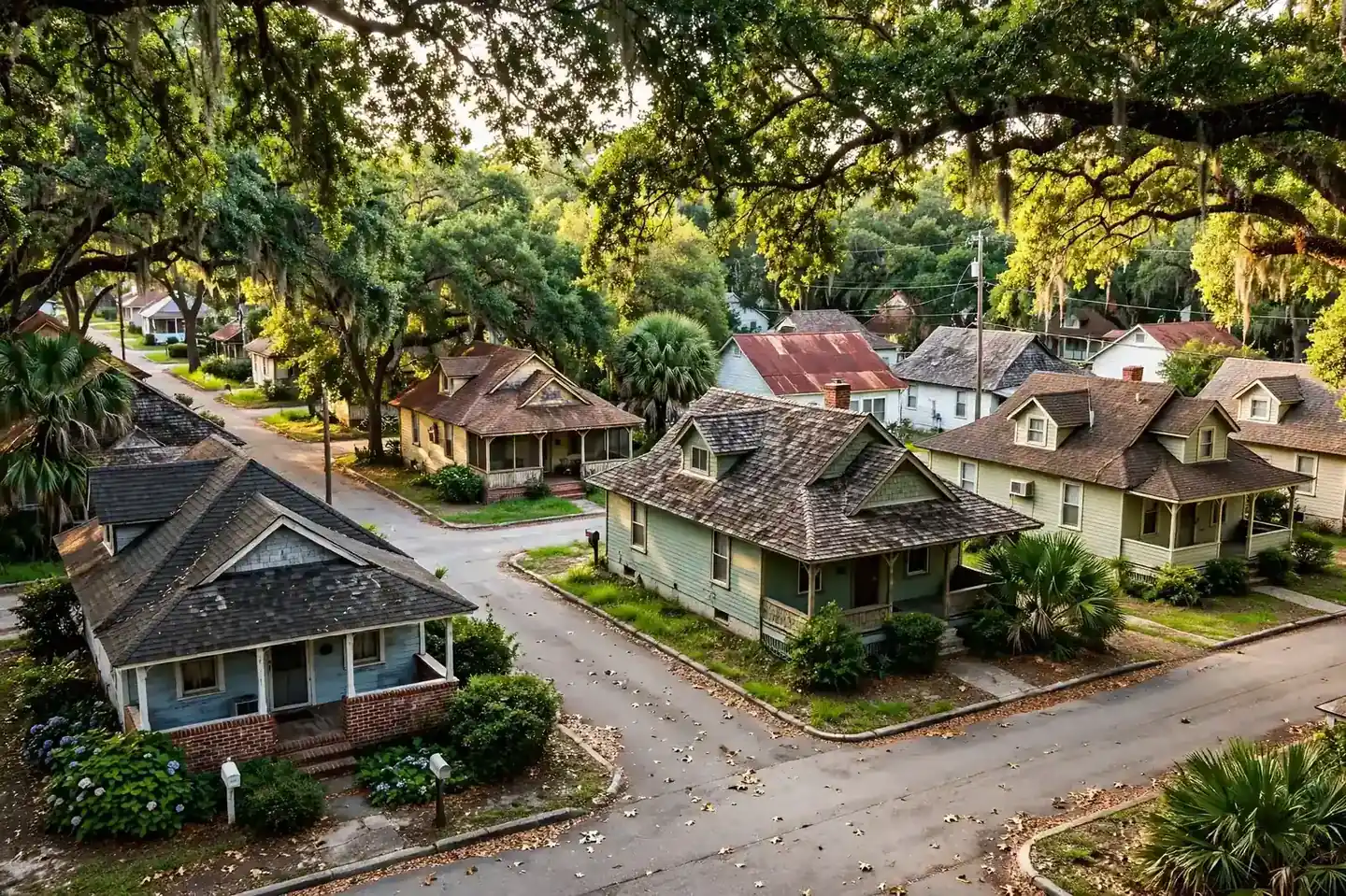 Residential street with homes and roofs in The Avenues, Beaumont, Texas